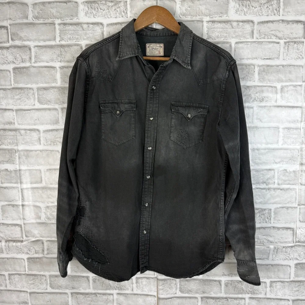 Polo Ralph Lauren Mens Distressed Western Shirt Black Cotton Linen Snap LARGE